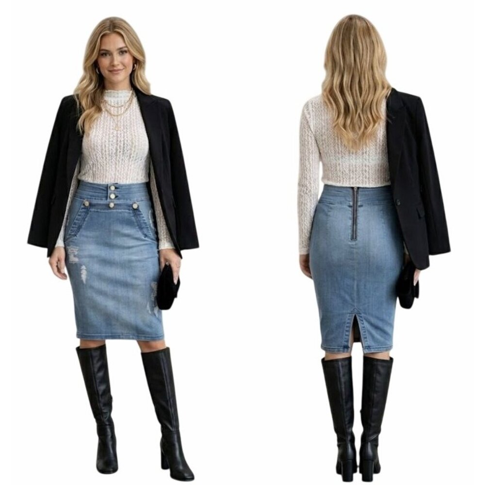 ❤️Bebe Women’s Blue Denim Midi Skirt Size 27 Distressed Gold Buttons Jean Skirt